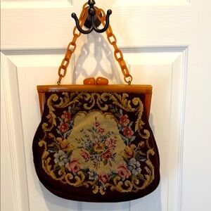 Victorian Floral Needlepoint/Petit Point Handbag w/ Butterscotch Bakelite Frame